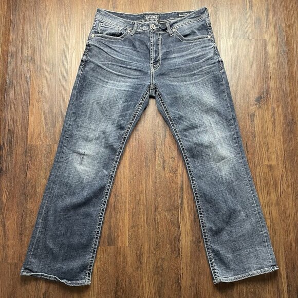 Salvage Mayhem Boot Regular Fit Jeans Men's 34S Blue Denim Buckle Pants Logo